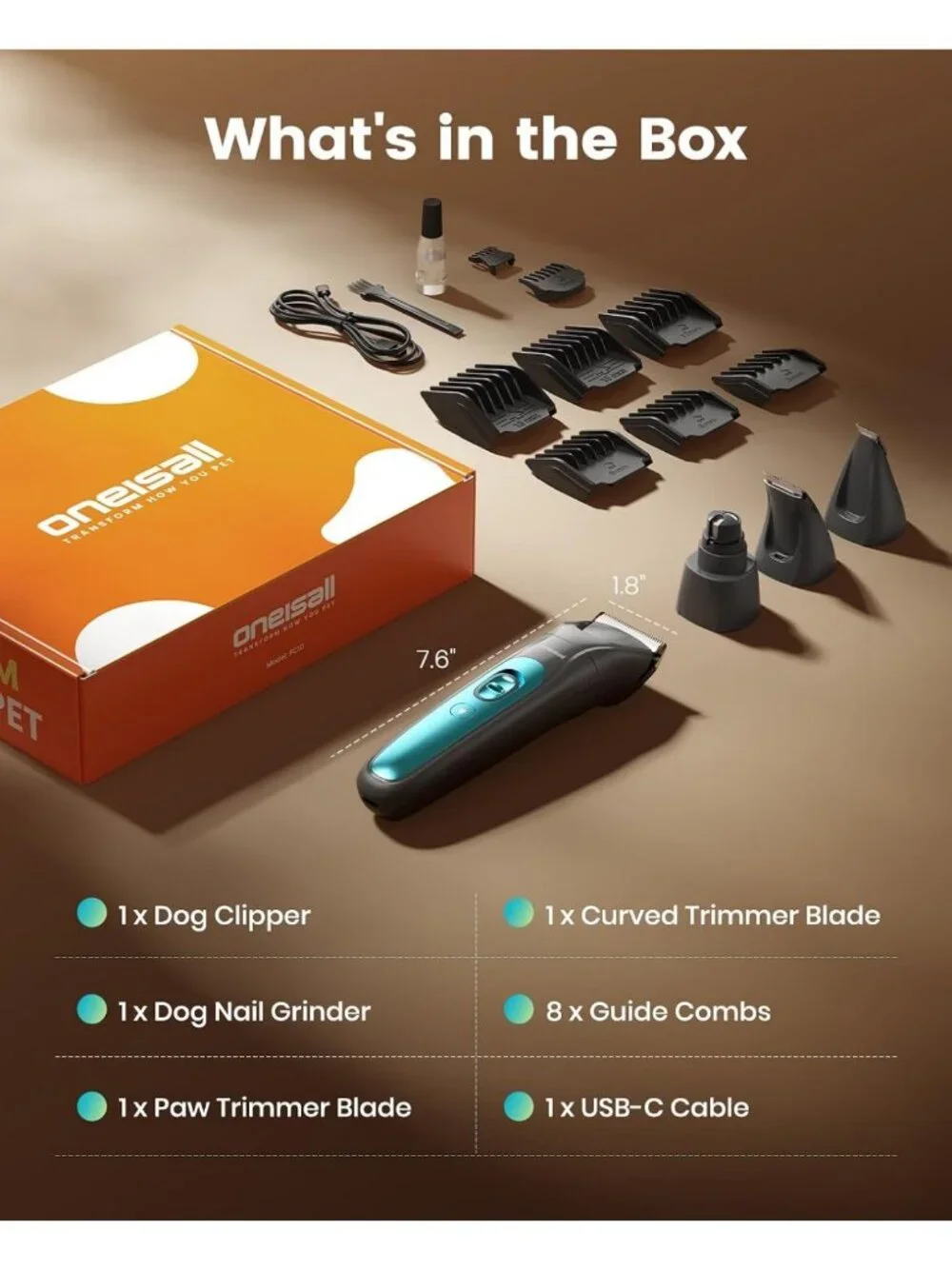 4-in-1 Dog Grooming Kit | Quiet Clippers, Nail Grinder, LED Light, Cordless